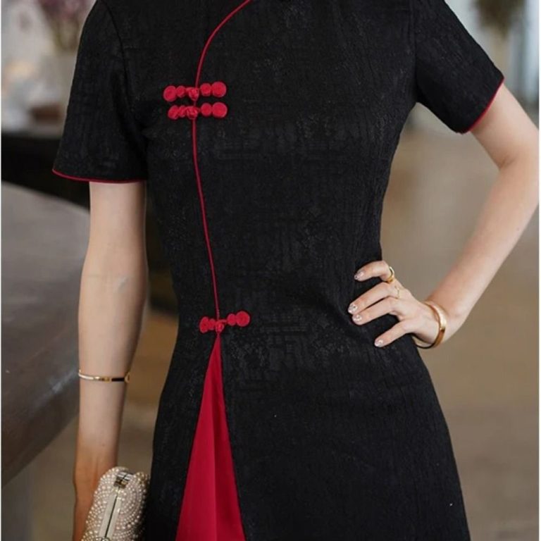 Robe-chinoise-grande-taille-a-col-mandarin-et-fente-laterale-contrastante-picture-6