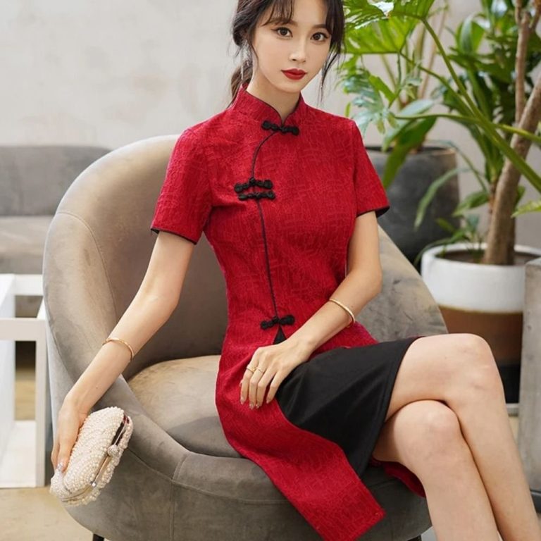 Robe-chinoise-grande-taille-a-col-mandarin-et-fente-laterale-contrastante-picture-7