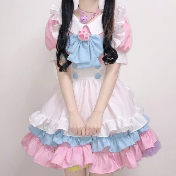 Robe de cosplay maid cafe style kawaii à tablier blanc et serre-tête avec oreilles de chat