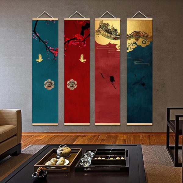 Kakemono fleurs de cerisier en toile sur cadre en bois pour décoration murale zen