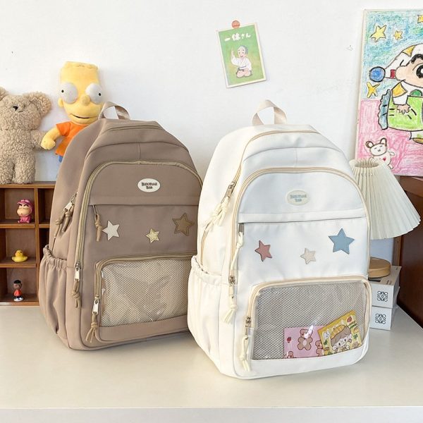 Sac à dos kawaii pour enfant avec poche transparente zippée et étoiles brodées