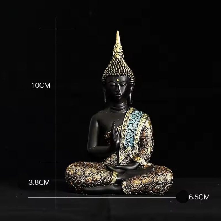 Statue-bouddha-interieur-en-resine-ornee-de-motifs-dores-picture-2
