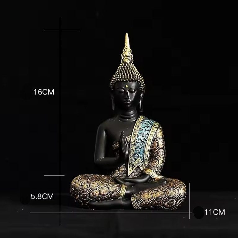 Statue-bouddha-interieur-en-resine-ornee-de-motifs-dores-picture-3