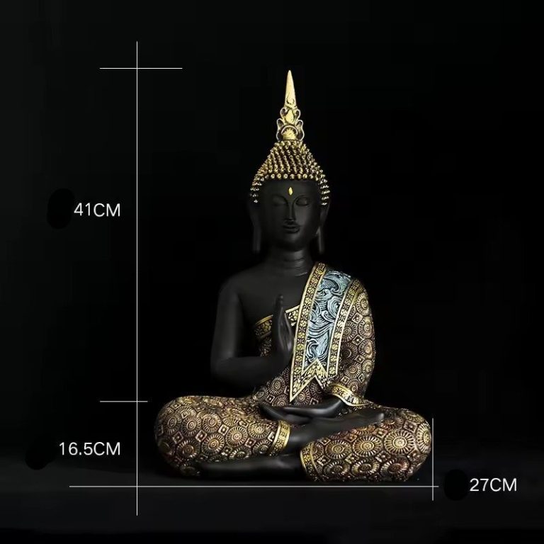 Statue-bouddha-interieur-en-resine-ornee-de-motifs-dores-picture-5