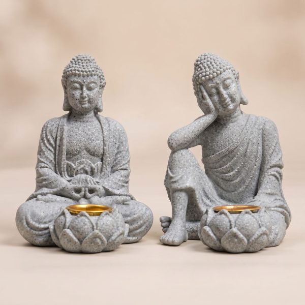 Statue de bouddha assis en méditation avec porte-encens intégré sur fleur de lotus