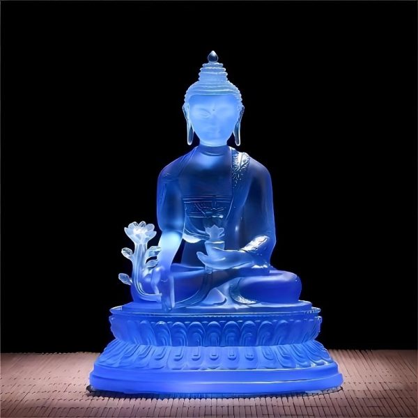 Statue de bouddha médecine en résine translucide bleue avec tige de lotus sculptée