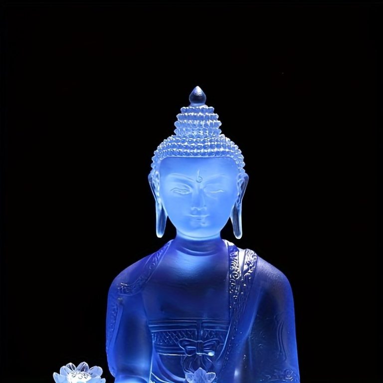 Statue de bouddha médecine en résine translucide bleue avec tige de lotus sculptée