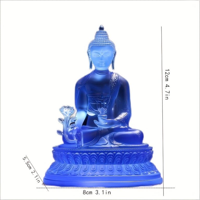 Statue de bouddha médecine en résine translucide bleue avec tige de lotus sculptée