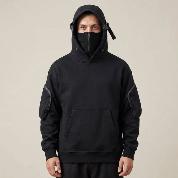 Sweat à capuche homme avec masque facial intégré amovible et poches zippées