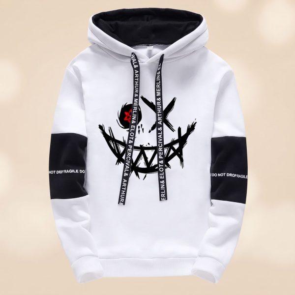 Sweat à capuche homme bicolore avec motif graphique de visage stylisé et poche kangourou