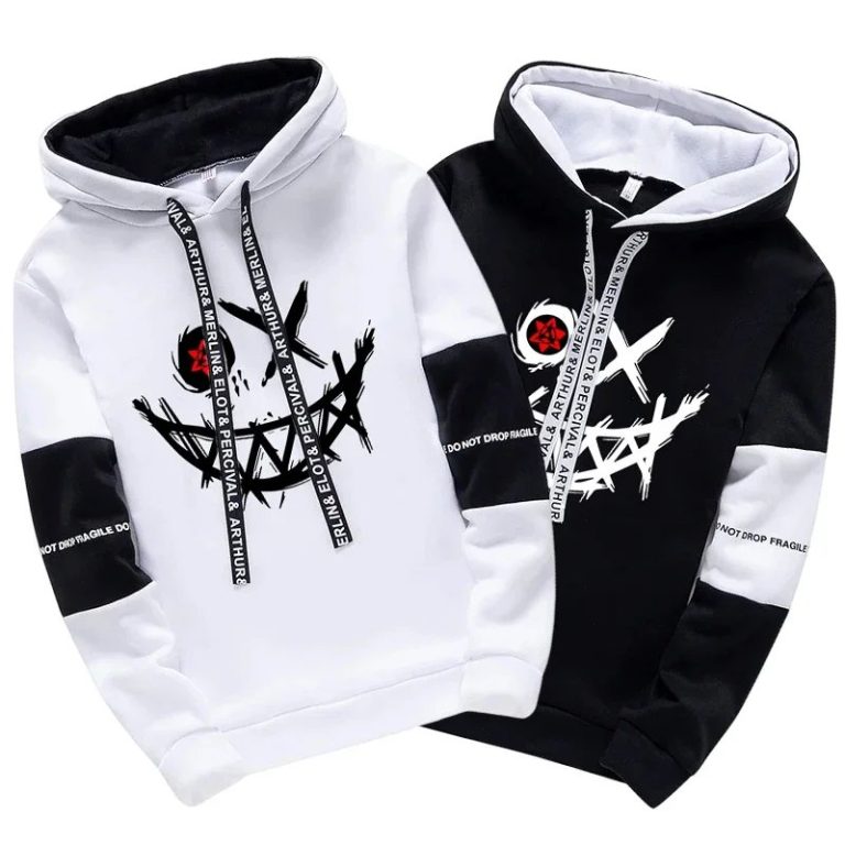 Sweat-a-capuche-homme-bicolore-avec-motif-graphique-de-visage-stylise-et-poche-k-picture-1