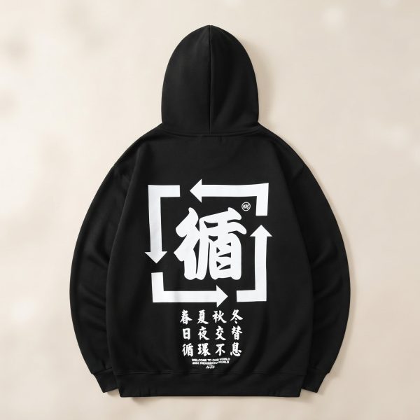 Sweat à capuche streetwear avec calligraphie japonaise et flèches directionnelles au dos
