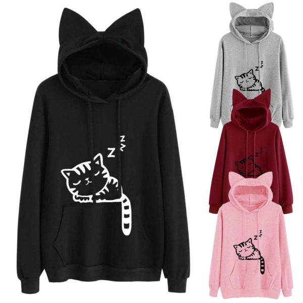 Sweat chat kawaii à capuche avec oreilles en relief et motif chat qui dort