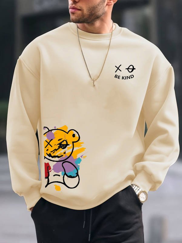 Sweat-col-rond-homme-imprime-avec-motif-ourson-stylise-et-message-Be-Kind-picture-1