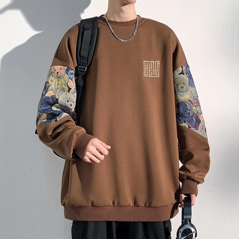 Sweat-noir-oversize-streetwear-a-manches-longues-avec-imprime-doursons-en-peluch-picture-5