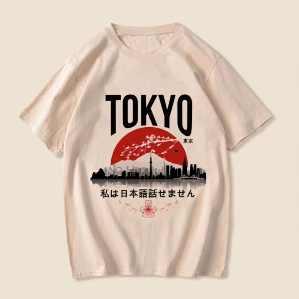 T-shirt Tokyo en modal avec skyline, soleil rouge et branches de cerisiers en fleurs