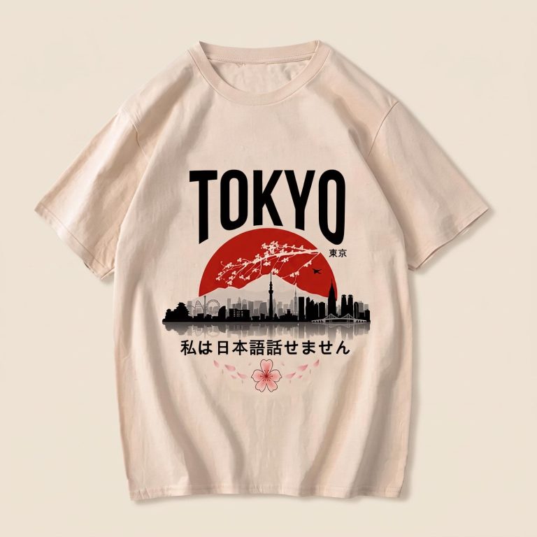 T-shirt Tokyo en modal avec skyline, soleil rouge et branches de cerisiers en fleurs