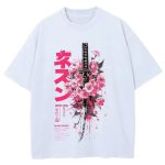 T-shirt-a-ecriture-japonaise-avec-sabre-et-fleurs-de-cerisier-picture-2