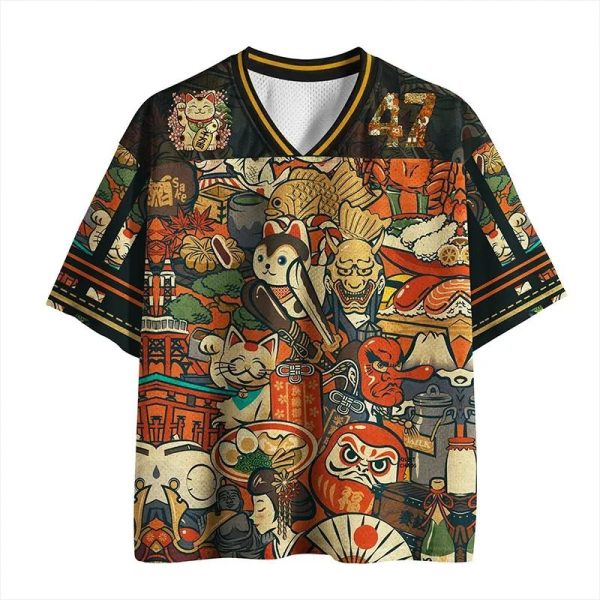 T-shirt à motif japonais maneki-neko et daruma col en V