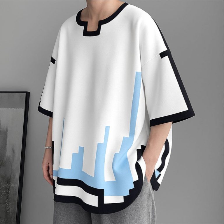 T-shirt-blanc-homme-oversize-a-motifs-geometriques-pixelises-et-bordures-contrastees-picture-10