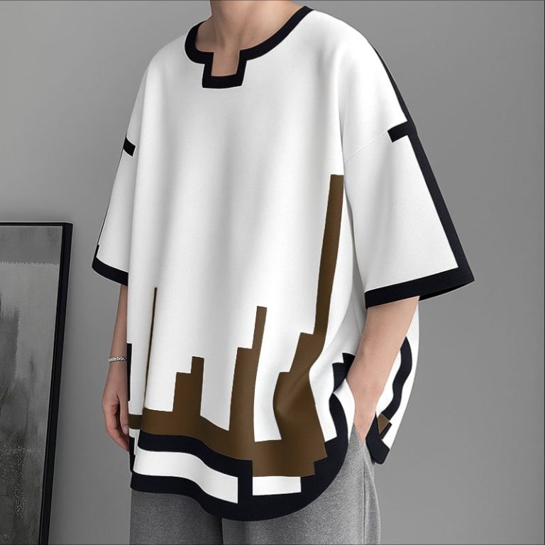 T-shirt-blanc-homme-oversize-a-motifs-geometriques-pixelises-et-bordures-contrastees-picture-9