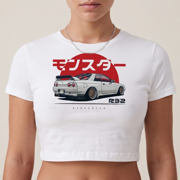 T-shirt crop top à imprimé de voiture japonaise R32 et soleil levant
