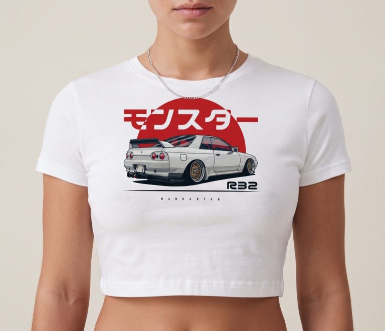 T-shirt crop top à imprimé de voiture japonaise R32 et soleil levant