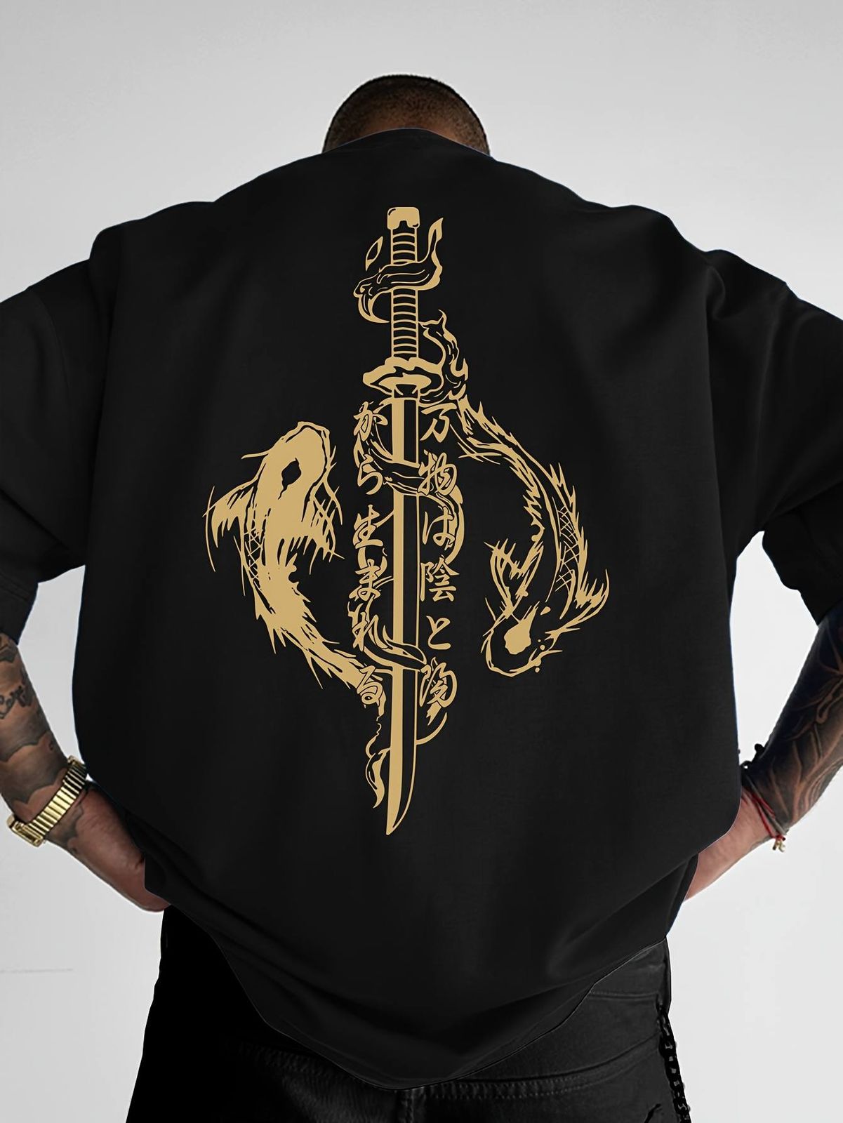 T-shirt-dragon-japonais-a-col-rond-avec-carpe-koi-et-epee-picture-1
