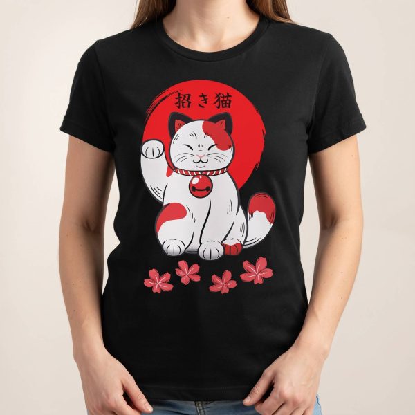 T-shirt femme à imprimé chat porte-bonheur japonais et fleurs de cerisier