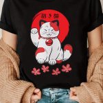 T-shirt-femme-a-imprime-chat-porte-bonheur-japonais-et-fleurs-de-cerisier-picture-1