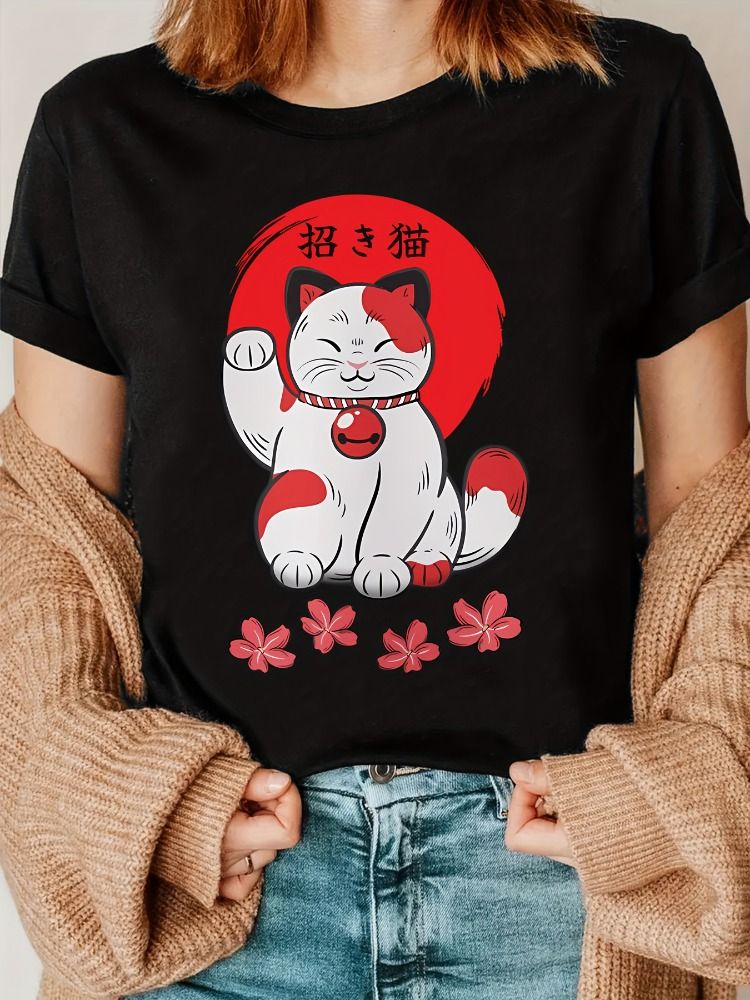 T-shirt-femme-a-imprime-chat-porte-bonheur-japonais-et-fleurs-de-cerisier-picture-1