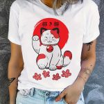 T-shirt-femme-a-imprime-chat-porte-bonheur-japonais-et-fleurs-de-cerisier-picture-2
