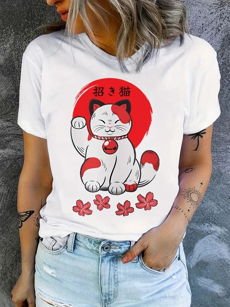 T-shirt-femme-a-imprime-chat-porte-bonheur-japonais-et-fleurs-de-cerisier-picture-2
