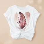 T-shirt-imprime-plume-sur-fond-blanc-avec-eclats-scintillants-et-feuilles-stylis-miniature