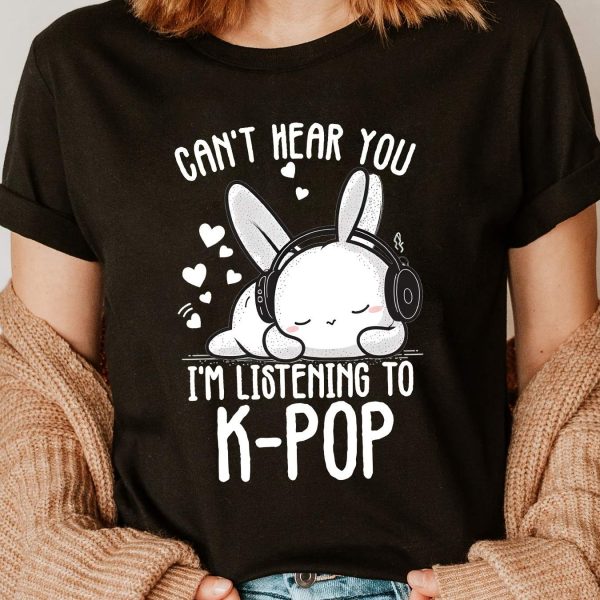 T-shirt kpop à imprimé lapin au casque audio et cœurs