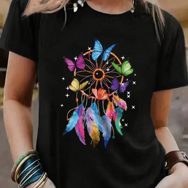 T-shirt noir bohème à motif attrape-rêves avec papillons multicolores et plumes