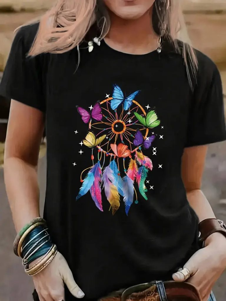 T-shirt-noir-boheme-a-motif-attrape-reves-avec-papillons-multicolores-et-plumes-picture-1
