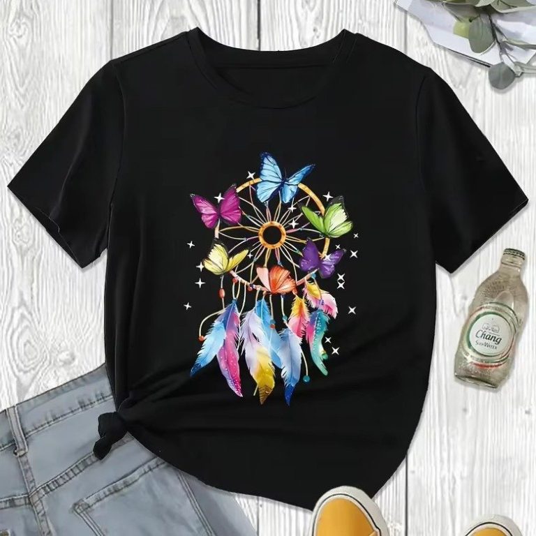 T-shirt-noir-boheme-a-motif-attrape-reves-avec-papillons-multicolores-et-plumes-picture-2