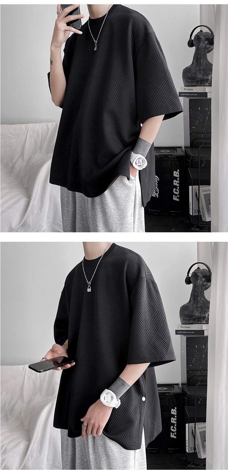 T-shirt-oversize-homme-a-texture-gaufree-et-motif-geometrique-en-relief-picture-7