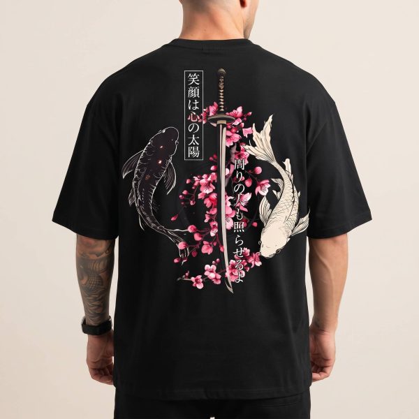T-shirt oversize imprimé japonais à carpes koi et katana au dos