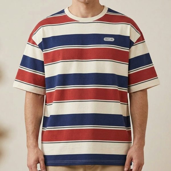T-shirt rayé multicolore à col rond et coupe ample oversize, style streetwear décontracté