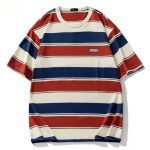 T-shirt rayé multicolore à col rond et coupe ample oversize, style streetwear décontracté - Rayures Bleu Marine Beige Rouge