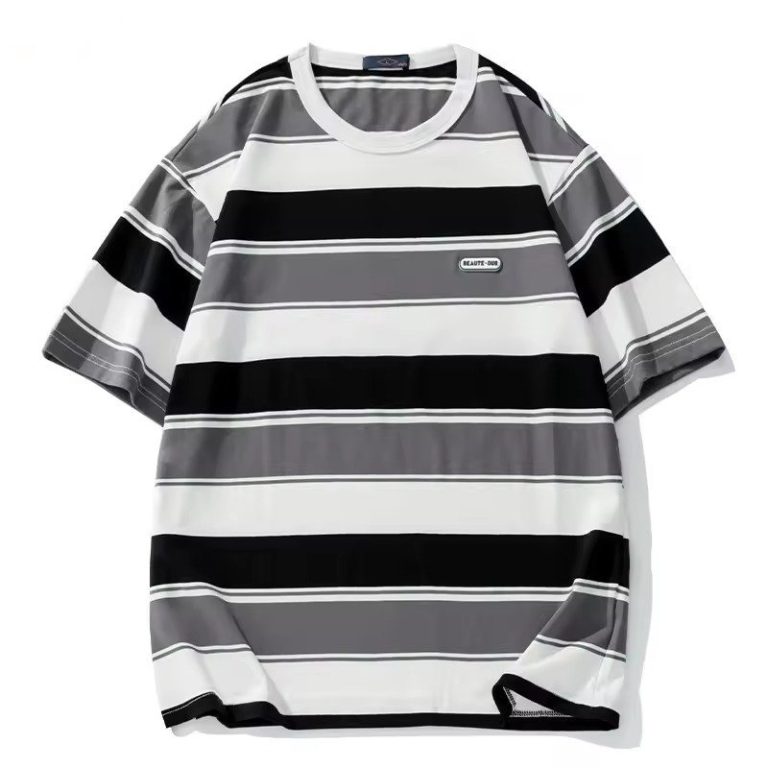 T-shirt rayé multicolore à col rond et coupe ample oversize, style streetwear décontracté - Rayures Noir Gris Blanc