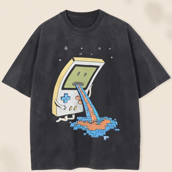T-shirt rétro gaming à motifs de console portative et pixels colorés, coupe streetwear