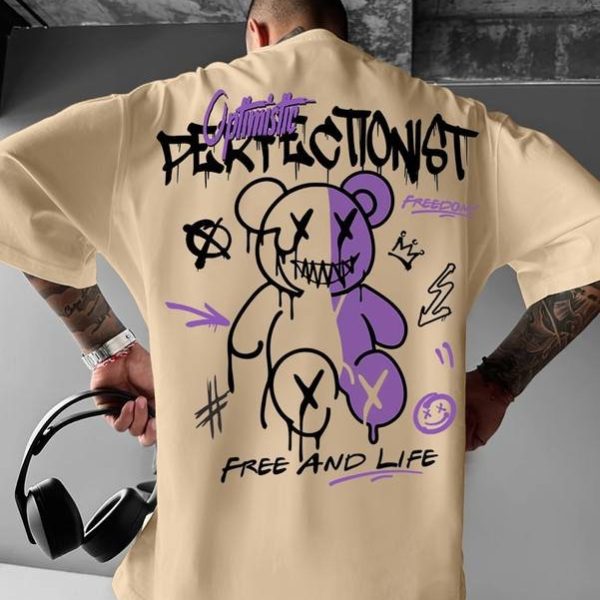 T-shirt streetwear homme en coton avec imprimé ours stylisé en deux teintes et inscriptions graffiti