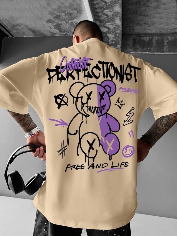 T-shirt-streetwear-homme-en-coton-avec-imprime-ours-stylise-en-deux-teintes-et-i-picture-1