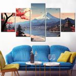 Tableau-japonais-mont-Fuji-en-5-panneaux-sur-toile-pour-decoration-murale-picture-1