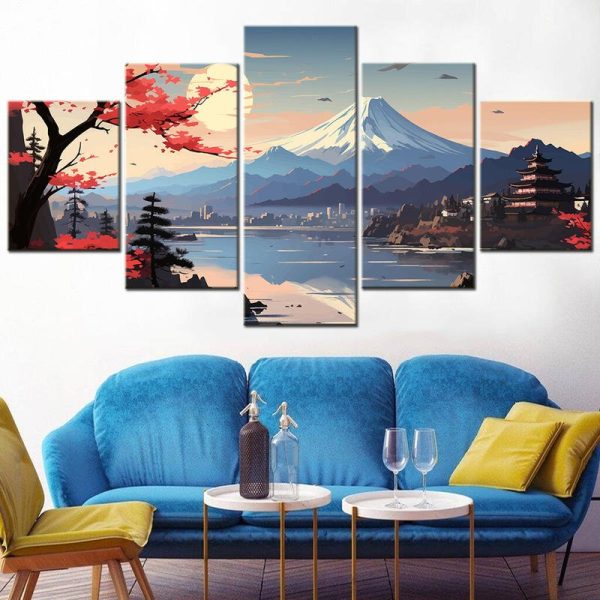 Tableau japonais paysage mont Fuji 5 panneaux