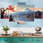 Tableau-japonais-mont-Fuji-en-5-panneaux-sur-toile-pour-decoration-murale-picture-2