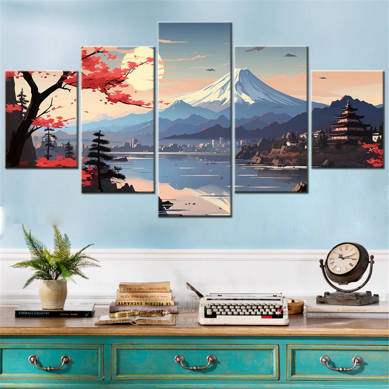 Tableau-japonais-mont-Fuji-en-5-panneaux-sur-toile-pour-decoration-murale-picture-2